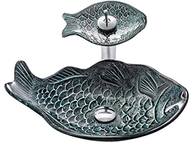 UHJKLA Aufsatzwaschbecken fürs Badezimmer, Fischform, Glas-Aufsatzwaschbecken-Kombination, Aufsatzwaschbecken fürs Badezimmer, Kunstwaschbecken mit Messing-Wasserfall-Wasserhah