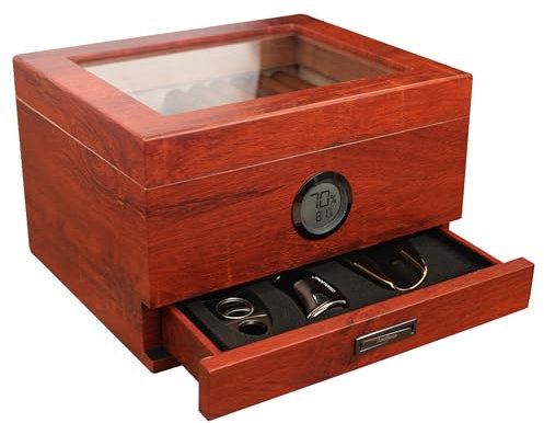 Humidor Zigarren-Box (rotbraun), handgefertigt, spanisches Zedernglas, Luxus-Humidoren, präzises digitales Hygrometer (25–55 Zigaretten) von Jansfuren. Mit feuchtigkeitsspendender Flüssigkeit.