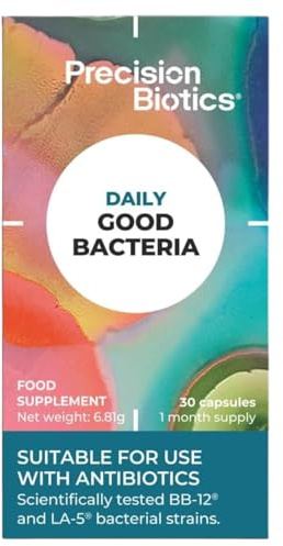 PrecisionBiotics Daily Good Bacteria - Daily Gut Health Probiotics Supplement - BB-12 and LA-5 Bacterial Culture Strains + FOS fibers - 30 Capsules