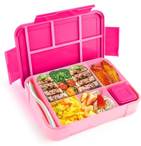 YC Kitchen Lunch box, 1200ml, avec 5 Compartiments, Anti-Fuite Bento Lunch Box avec et Couverts, Micro-ondes, Lave-vaisselle (Pink)