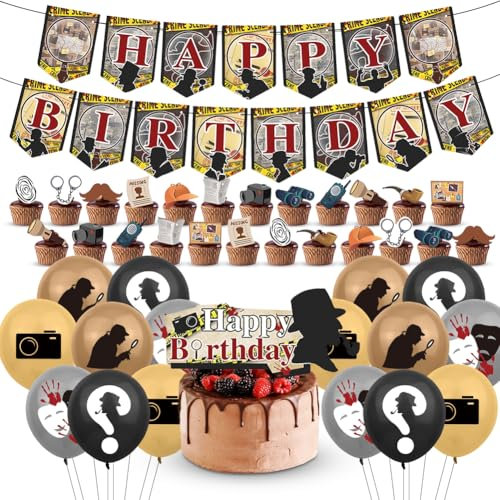 Fouvin Detektiv Geburtstag Deko, Dedektivparty Geburtstag 32 Stück, Krimidinner Deko Detektiv Geburtstag Zubehör Birthday Banner Kuchen Topper Cupcake Toppers Ballons für 1920er Jahre