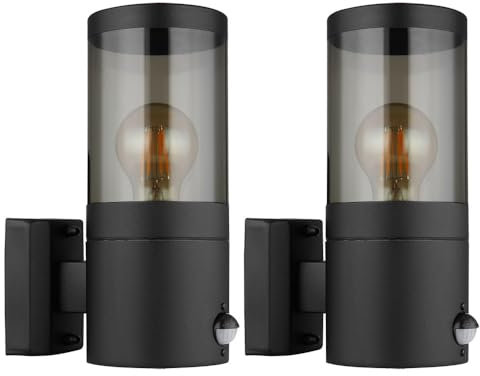 Globo Wandlampe Außenleuchte mit Bewegungsmelder Gartenleuchte Fassadenleuchte, IP44, Edelstahl, schwarz rauch, 1x E27, HxBxÜ 24,5x10,2x17cm, 2er Set