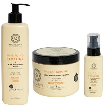 Kit de soins pour cheveux professionnel adapté pour tout type de cheveu comprenant un shampoing, un masque et un sérum sans rincage