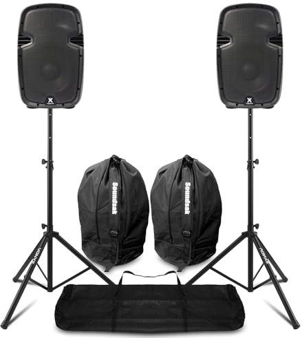 VONYX Active PA Speakers Pair 10-Inch Bluetooth Powered DJ Speaker Package with MP3 Player, Adjustable Tripod Stands and Bags, Complete Active Speaker Package for Events