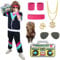 90er 80er Jahre Kostüm Erwachsene, 80er Jahre Outfit Herren Damen 80er Jahre Trainingsanzug Kostüm Jacke Hose Anzug mit Vokuhila Perücke Stirnband Armbänder Brille Radio Para Fasching Karneval (XL)