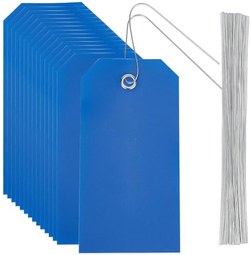 SOFPLATE 100 Stück Blaue Hängeetiketten Blanko Versandetiketten Mit Eisendraht 4.7 x 2.4{1} cm Rechteckig Wasserdicht Kunststoff PVC Öse Identifikations Namensschild Etiketten Set Zum Aufhängen von Na