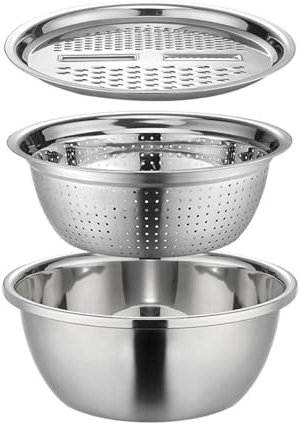Salad Maker Bowl | German Multifunctional Stainless Steel Basin | 3 IIn 1 Vegetable Cutter with Drain Basket | Grater Bowl Drain Basket Vegetable Cutter | Grater Strainer Grater Bowl Colanders Basin