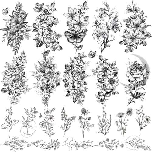23 Tatouages Temporaires de Fleurs Noires– Tatouages Imperméables, Réalistes, Sexy, Rose, Orchidée, Petites Branches, Croquis, Faux Tatouages pour Femmes, Art Corporel, Bras, Cou, Mains