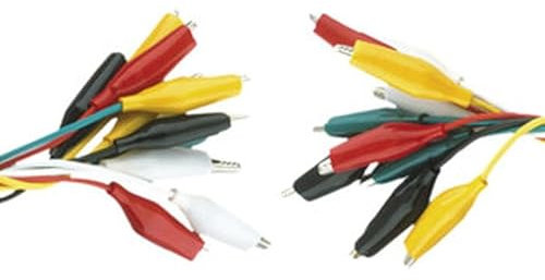 Conjunto de 20 pinzas cocodrilo de 300 mm para conexiones eléctricas y pruebas de circuito, ideales para laboratorio y bricolaje.
