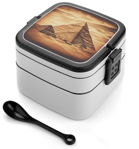 Caja bento vintage de pirámide egipcia apilable para adultos, 2 capas, reutilizable, a prueba de fugas, para adultos, viajes, lonchera de 33 onzas con cuchara, cajas bento portátiles, microondas y