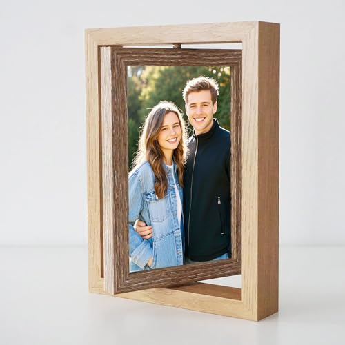 Drehbarer Fotorahmen Holz - Bilderrahmen 10x15cm, Fotorahmen Holz 360°, Doppelseitigem Display Fotos Picture, Holzbilderrahmen mit Acrylplatte für Hochzeit, Familie, Festival Geschenk Desktop