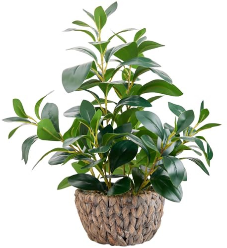 AlphaAcc 18.8 Inch Artificial Ficus Plant Indoor Faux Greenery Potted in Rattan Woven Basket Planter with Decorative Pebbles Realistic Fake Plant for Home Living Room Office Table Desk Shelf Decor
