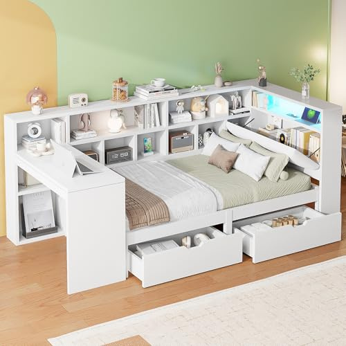 BTM Jugendbett 90x200 mit Schreibtisch und Bücherregal, Eck Einzelbett mit Schubladen Kinder Stauraumbett Daybed Weiß