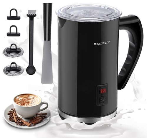 Aigostar Capu - Espumador de Leche Eléctrico 500W, 3 modos Espuma Leche Caliente/Fría para Café, Latte, Cappuccino,Chocolate, 115ml/240ml, Recubrimiento Antiadherente, Silencioso, Negro