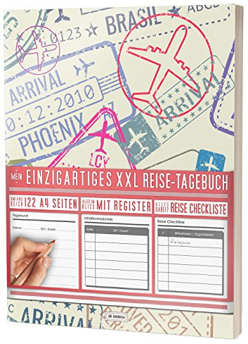 Mein Einzigartiges XXL Reisetagebuch: 122 Seiten, Register, Kontakte / Neue Auflage mit Reise Checkliste / PR401 „Reise-Stempel“ / DIN A4 Soft Cover