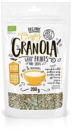 DIET-FOOD Fruit Granola Bio Knuspermüsli mit Echten Früchten und Samen Ballaststoffreiches Glutenfreies Granola-Frühstück Müsli Low Carb Non-GMO Snack ohne Zuckerzusatz 200 g 1er Pack