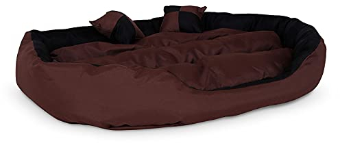 lionto Hundebett 4-in-1 mit Wendekissen aus robustem Oxford, 85x70 cm, Heimtierkissen Kratzfest mit tiefem Einstieg für Katzen und Hunde Aller Größen, inkl. Zierkissen, wasserabweisend, schwarz/braun