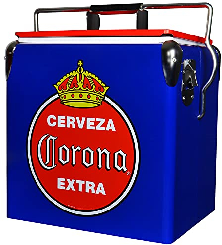 Corona Retro Eistruhe Kühler mit Flaschenöffner 13L (14qt), 18 Dosen Kapazität, blau und rot, Vintage Style Eiskübel für Camping, Strand, Picknick, Wohnmobil, Grillen, Heckklappen, Angeln