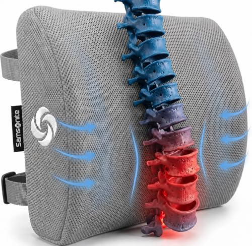 Samsonite SA5244 Ergonomic Lumbar Support Pillow Helps Relieve Lower Back Pain 100% Pure Memory Foam Improves Posture Fits Most Seats Breathable Mesh Washable Cover Adjustable Strap