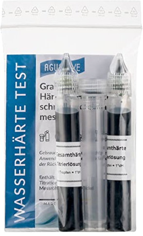 AGUALEVE Wasserhärte Test - Die Nr. 1 - Deutsche Grad Härte (°dH) schnell und einfach messen - misst exakt bis 24 °dH - Made in Germany - 50 – 400 Messungen, je nach Härte - 2x 15ml