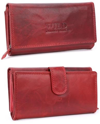 irisaa Damen Leder Wild Geldbörse, Portemonnaie Lang Geldbeutel,RFID Schutz 21 Kartenfächer, Brieftasche Groß, Vintage Design Used Look, Damen Tasche:Dunkel Rot