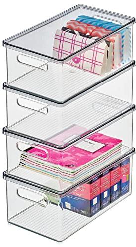 mDesign Schreibtischablage für Stifte, Notizzettel und Büroklammern – Aufbewahrungsbox mit Deckel aus robustem Kunststoff – Ordnungshelfer für Büromaterialien – 4er-Set – durchsichtig und rauchgrau