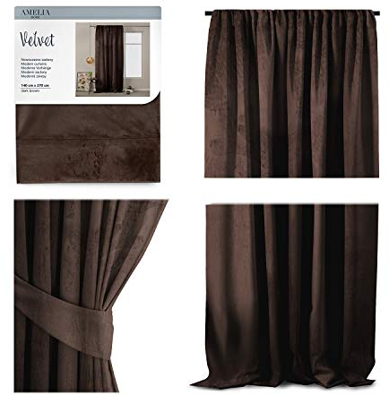 AmeliaHome Set Vorhang H 270 x B 140 cm mit Raffhalter 54 x 10 cm Velvet Optik Dunkelbraun 1 St. Kräuselband Wellenband Samt Halbverdunkelungsvorhang Fensterdekoration Dekoschal Dekorvorhang
