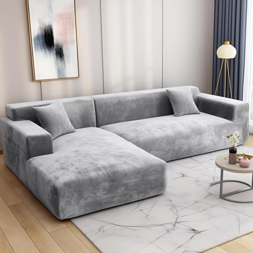 HEYOMART Sofabezug Ecksofa L Form Stretch Plüsch Sofa Überzug Universal Couchbezug Für 1/2/3/4 Sitzer - 1 Sitzer, Grau (L Form Ecksofa Erfordert Zwei)