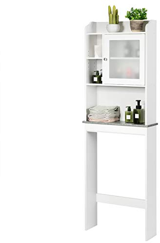 GOPLUS Toilettenschrank mit 4 Ablage, Toilettenregal mit Tür, Überbauschrank aus Holz, für Trockner, Waschmaschinen, mit verstellbarem Einlegbogen, Einfache Montage, 59x19x173 cm, Weiß