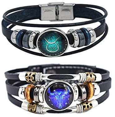 2Pcs Multilayer Constellation Zodiac Leather Bracelet Handmade Woven Zodiac Sign Wrap Bracelet Wristband for Women Men Jewelry Birthday Gift, 01 Style: 21cm(8.26'), 02 Style: 21.7cm(8.5'), Alloy, no