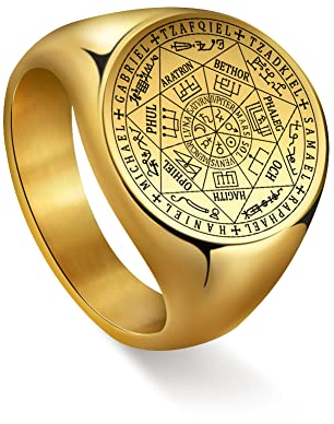 Amaxer Sieben Erzengel Ring für Herren Edelstahl Das Siegel von Solomon Tetragrammaton Erzengel Schutzring Statement Band für Herren Damen (10, Gold)