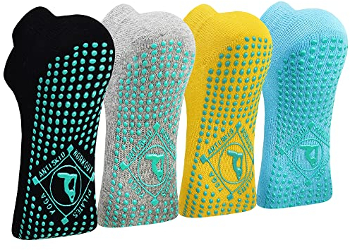 HYCLES Anti-Rutsch-Socken Damen - 4 Paar Yoga, Pilates, Barre, Tanz, Ballett, Trampolin, Krankenhaus Schwarz+Grau+Naturgelb+Blau 35-40