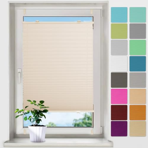 bobodeco Plissee ohne Bohren Plissees Klemmfix - Beige 75x200 cm (BxH) - Easyfix Plisseerollo Jalousie Faltrollo Blickdicht - Sichtschutz - Sonnenschutz Fertifplissee - Rollos für Fenster und Tür