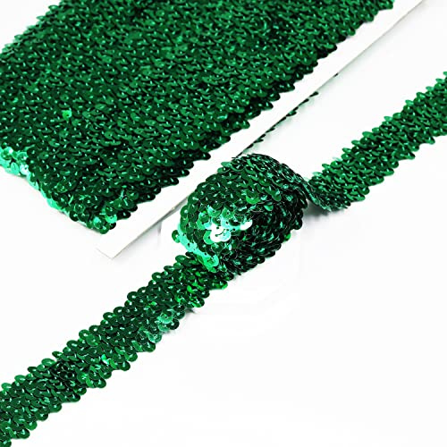 Länge 10 Yards (9,14 m), Breite 30 mm/1,1 Zoll, grünes elastisches Pailletten-Besatzband zum Nähen von Kleidern, Tanzkostümen, Stirnbändern (Grün)
