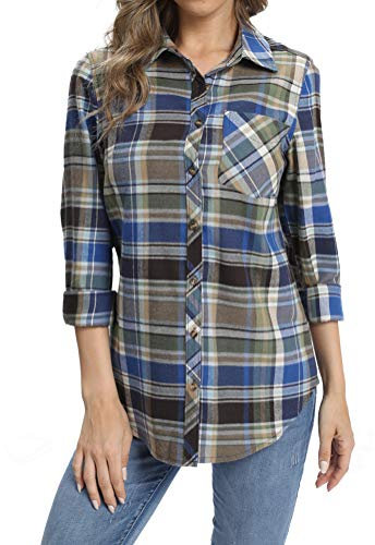fuinloth Camicetta da Donna Camicia in Flanella a Quadri Leggera a Maniche Lunghe Elegante Classica Shirt con Bottoni Blu XS 38-40