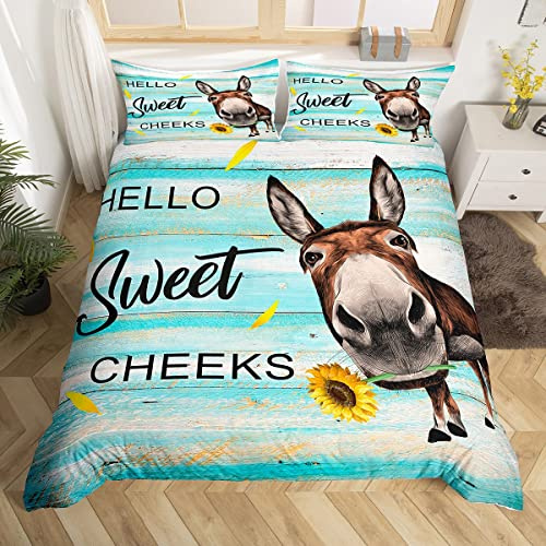 Manfei Esel-Bettwäsche-Set für Einzelbett, gelbe Blume, Tier-Bettwäsche-Set, 2-teilig, für Kinder, Jungen, Mädchen, Schlafzimmer, Dekoration, Vintage-Holzbrett, Bettdeckenbezug, rustikaler
