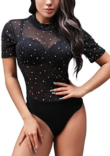 MAYFASEY Women Floral Printed Short Sleeves Stretch Mesh See Through Jumpsuit Bodysuit Leotard Tops, Black, M