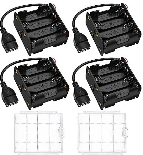 4 PCS 8 x 1.5V AA Battery Holder, KUOQIY 12V Back to Back Battery Holder Case Box with USB Female Socket, with 2 PCS Plastic Battery Storage Box
