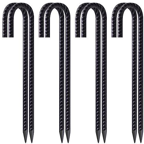 VVOKGO Rebar Stakes 12 Inches J Hook Heavy Duty Chain Link Fence Stakes, 8 Pcs Metal Long Tent Spikes Ground Anchors for Wire Fencing, Dogs Digging, Camping Tents, Swings, Greenhouse, Black