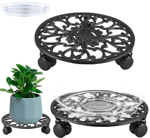 Confezione da 2 supporti per piante rotanti da 28 cm, con ruote, in ferro battuto, con ruote, resistenti, per piante da interno, con sottovasi, carrello rotondo in metallo