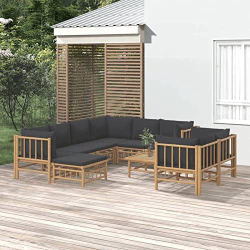 JUNZAI 10-TLG. Garten-Lounge-Set mit Dunkelgrauen Kissen, Gartenmöbel, Balkonmöbel, Gartenlounge, Terassenmöbel Außen, Loungemöbel Balkon, Gartengarnitur, Bambus