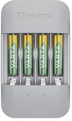 VARTA Akku Ladegerät, inkl. 4X AAA 800mAh, Batterieladegerät für wiederaufladbare AA/AAA Batterien, Eco Charger Pro, Einzelschachtladung, Gehäuse aus 75% recyceltem Material