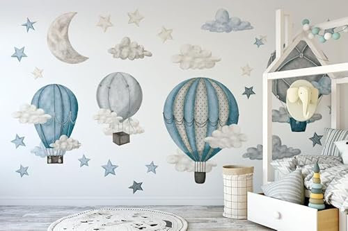 Wandtattoo Heißluftballon und Stern, für Kinderzimmer und Kinderzimmer, Blau, Größe M