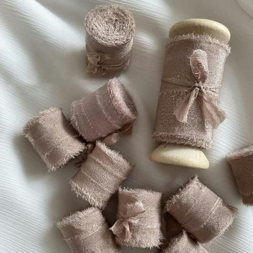 Nastro di seta ricamo raso di cotone bordo grezzo per inviti di bouquet da sposa per feste artigianali stile rustico-rosa antico-1pz 5 cm x 5 m