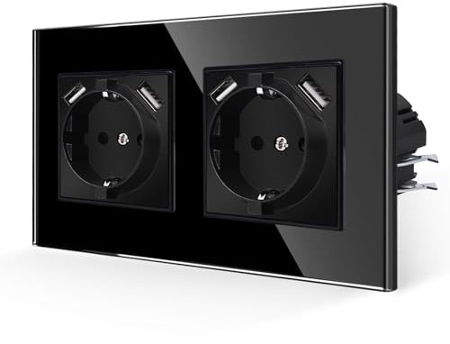 JIMEIDA Enchufes Dobles con USB en Negro,Enchufes de Vidrio de 16Amp con Carga Rápida USB A Enchufe de Pared al Ras-157 * 86mm,250V
