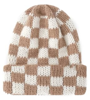 MAOZIm Strickmütze für Damen, Herbst- und Wintermütze, Artistic Thread Hut für Herren, Casual Outdoor, Kaffeeweiß Schachbrett, 56-62 cm, Ka Bai Ge, 7-7 5/8