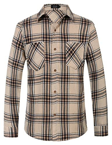 SSLR Chemise en flanelle à manches longues pour homme - Chemise de bûcheron - Chemise boutonnée à carreaux, kaki marine, L