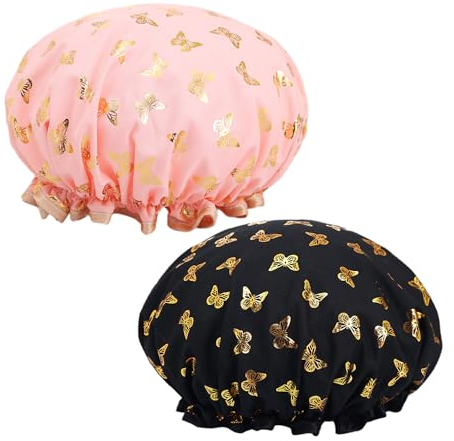 Lot de 2 bonnets de douche à double couche pour femme - Cache-oreilles étanches - Élastique - Réutilisables - Convient pour la salle de bain et les spas (rose, noir)