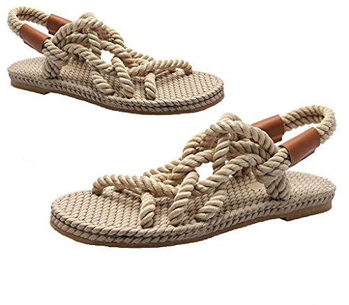 SAKEIOU Sandalias Romanas Trenzadas con Cuerda de cáñamo Sandalias Planas para Mujer Sandalias de Playa de Verano con Suelas Hechas a Mano y Sandalias con Correa Trenzada Beige