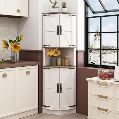 Vabches 64.8 Tall Farmhouse Corner Cabinet with 4 Doors and 5 Storage Shelves, Farmhouse Storage Cabinet with Barn Door Design, Home Space Saver for Living Room, Kitchen, Laundry Room,White
